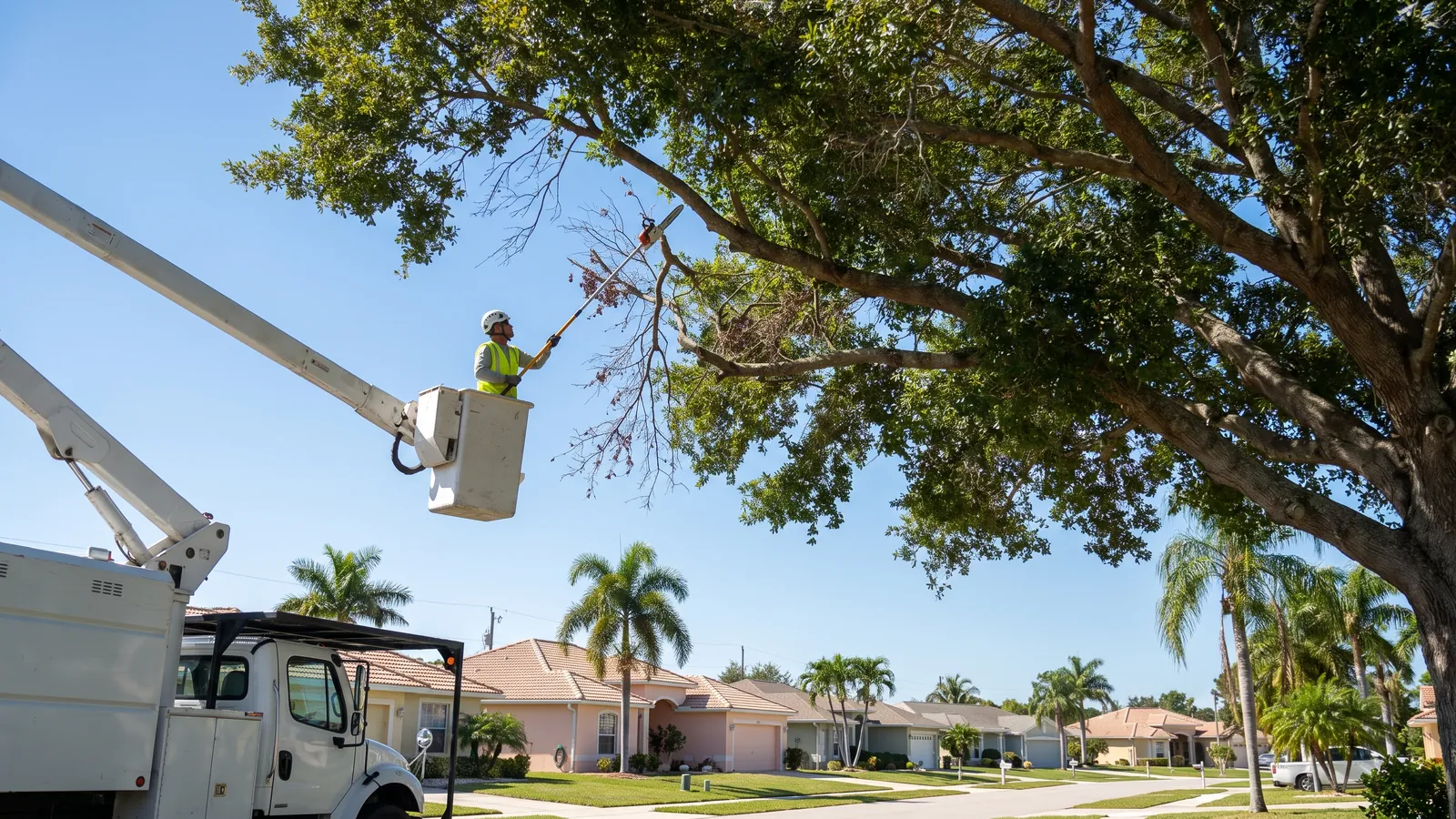 Arborist in a bucket pruning a mahogany canopy above a Cape Coral street