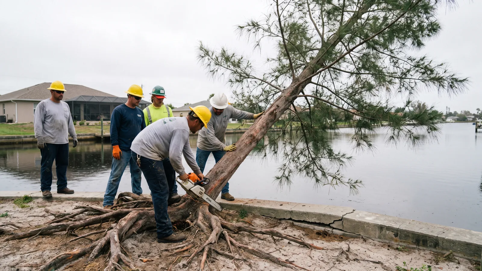 Crew felling a tall Australian pine with shallow surface roots on a canal lot in Cape Coral