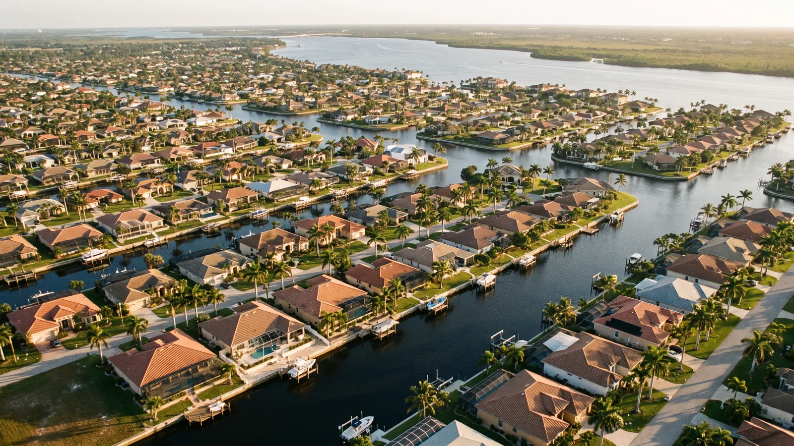 Aerial view of Cape Coral's canal grid with waterfront homes, seawalls, palms and the Caloosahatchee beyond