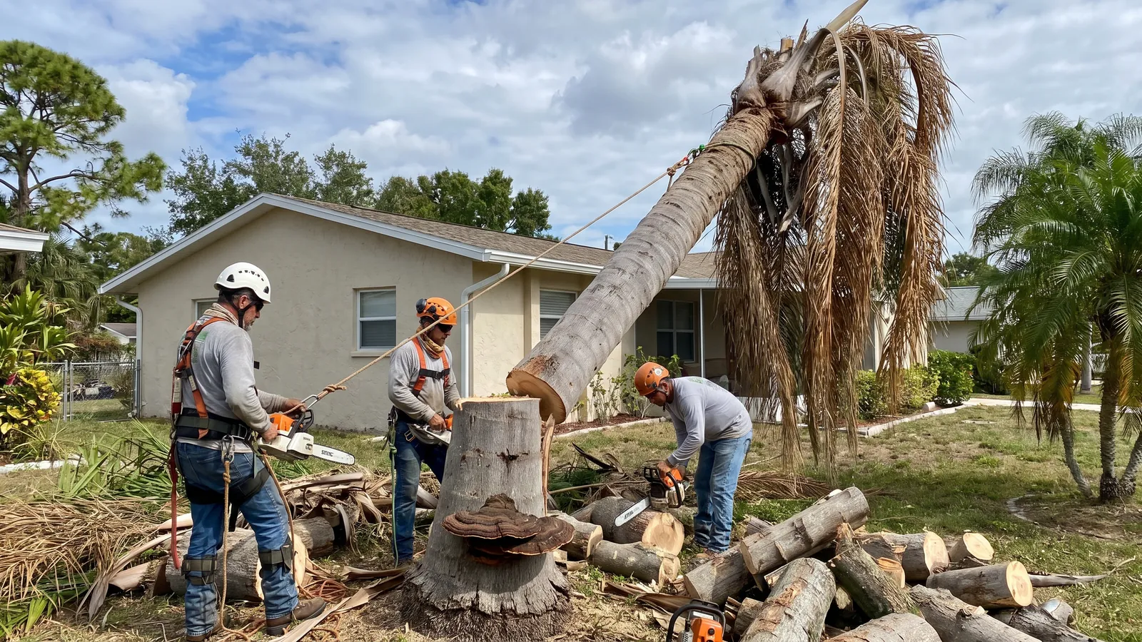 Dead queen palm with a shelf fungus conk at its base being taken down in a southwest Florida yard
