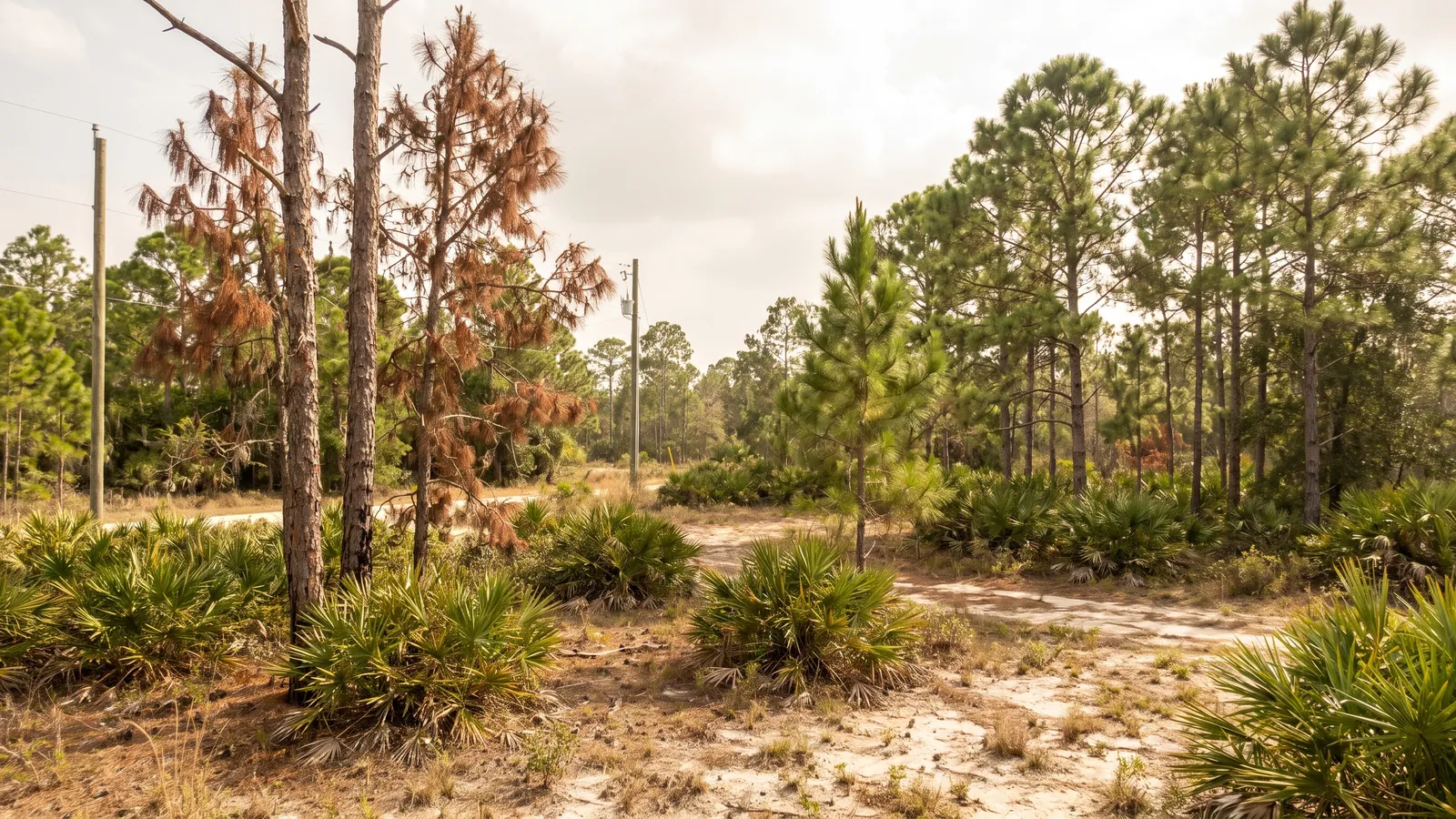 Slash pines with red-brown needles standing dead among green pines after Hurricane Ian in Lee County