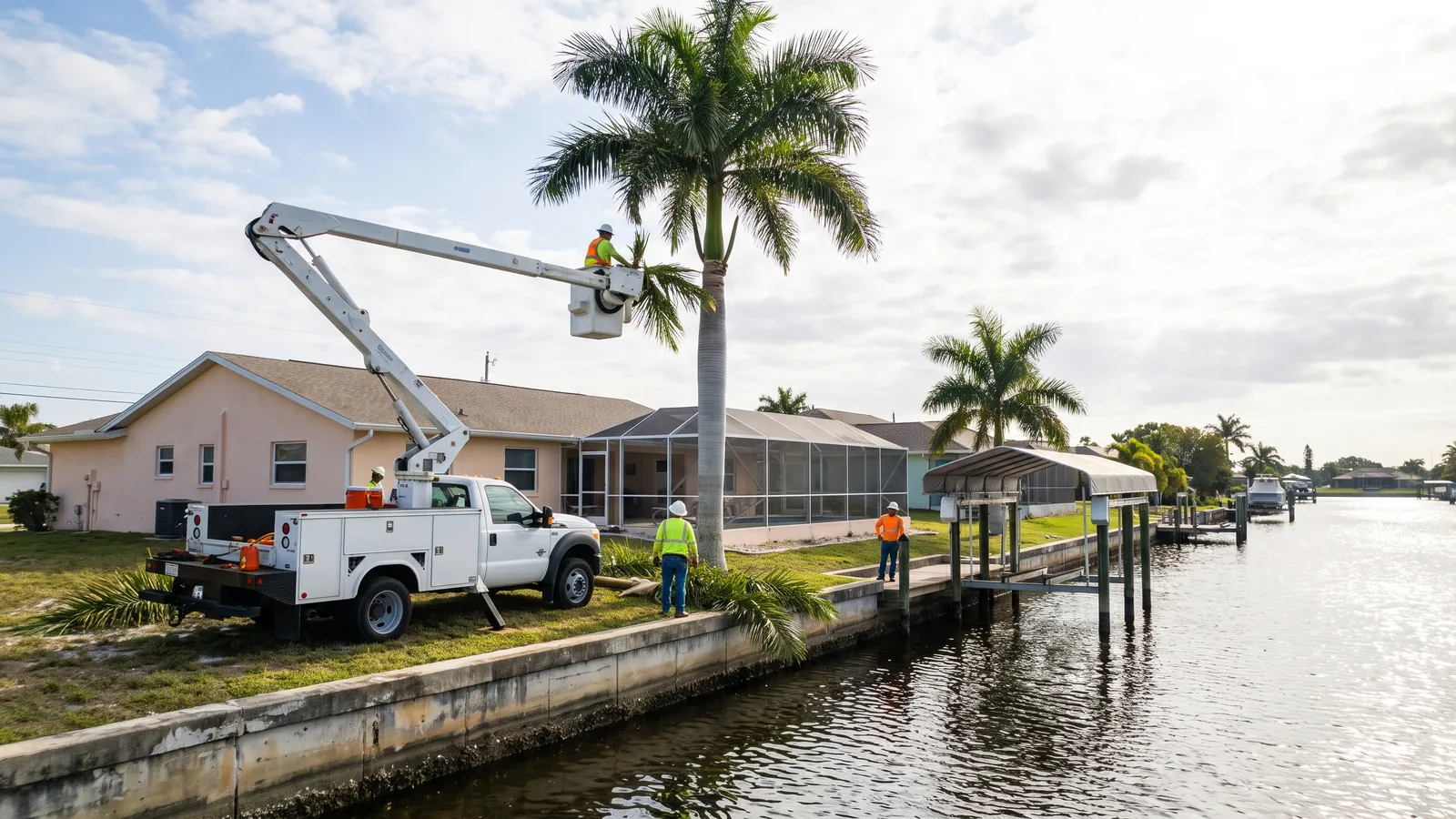 Tree crew with a bucket truck trimming tall royal palms beside a seawall on a Gulf-access canal in Cape Coral, Florida