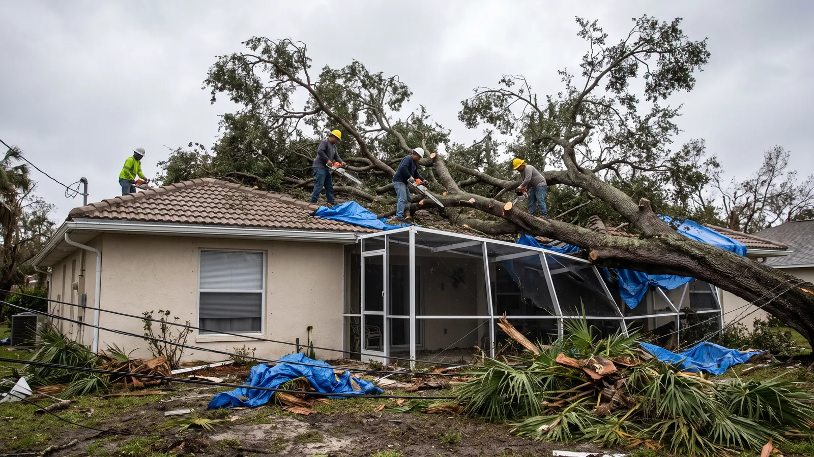 Large tree lying across the roof of a Florida home after a hurricane while a crew cuts it free